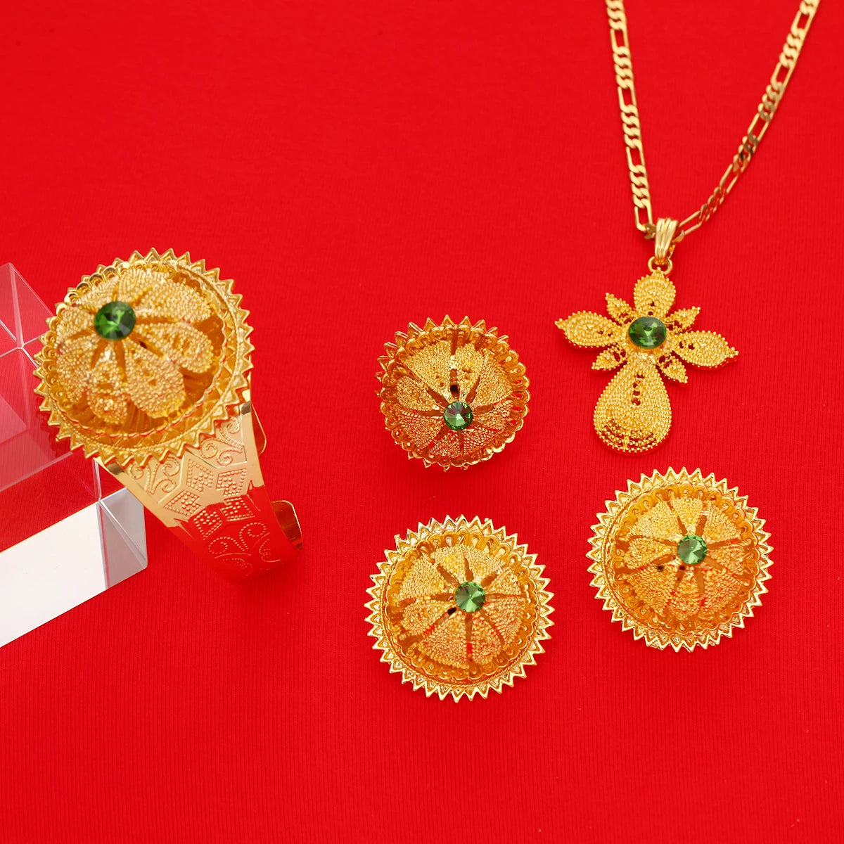 Gold Color Ethiopian Jewelry Set | Red, Blue & Green Stones