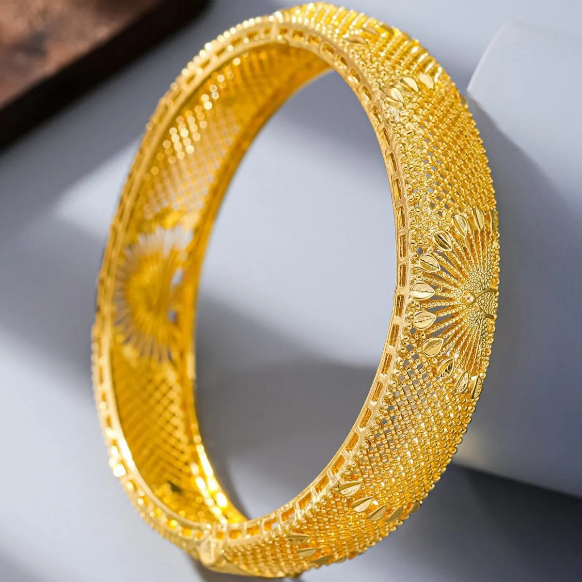 Yellow Gold Bangle Bracelet | Trendy Wide Statement Ethiopian Jewelry