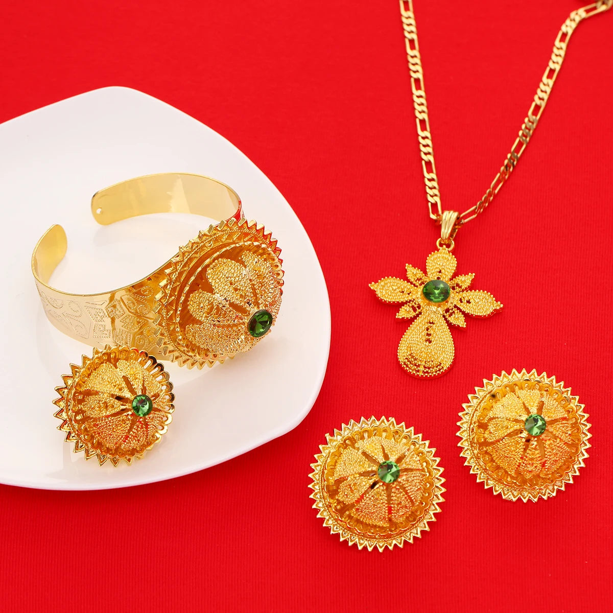 Gold Color Ethiopian Jewelry Set | Red, Blue & Green Stones