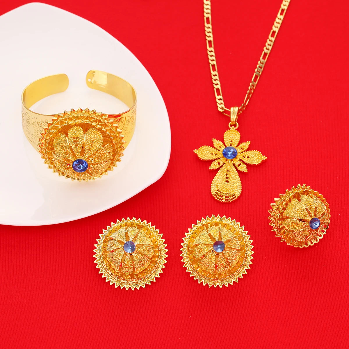 Gold Color Ethiopian Jewelry Set | Red, Blue & Green Stones