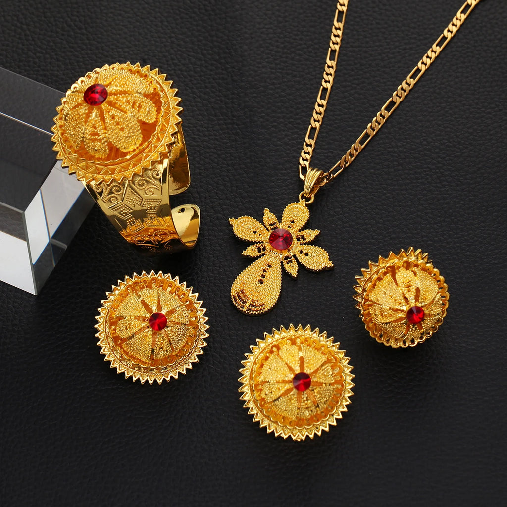 Gold Color Ethiopian Jewelry Set | Red, Blue & Green Stones