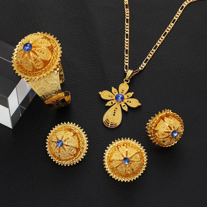 Gold Color Ethiopian Jewelry Set | Red, Blue & Green Stones