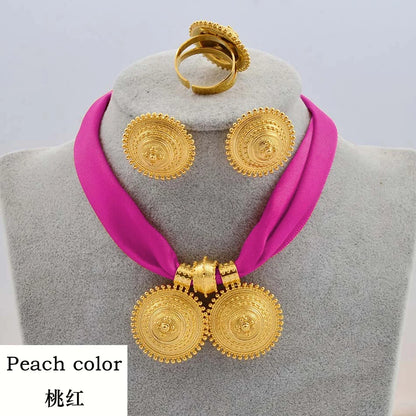 Gold Rope Chain Ethiopian Jewelry Set | Habesha Pendant Earrings & Ring