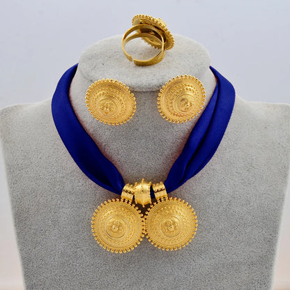 Gold Rope Chain Ethiopian Jewelry Set | Habesha Pendant Earrings & Ring