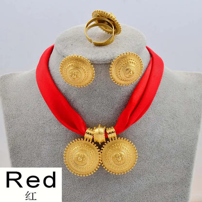 Gold Rope Chain Ethiopian Jewelry Set | Habesha Pendant Earrings & Ring