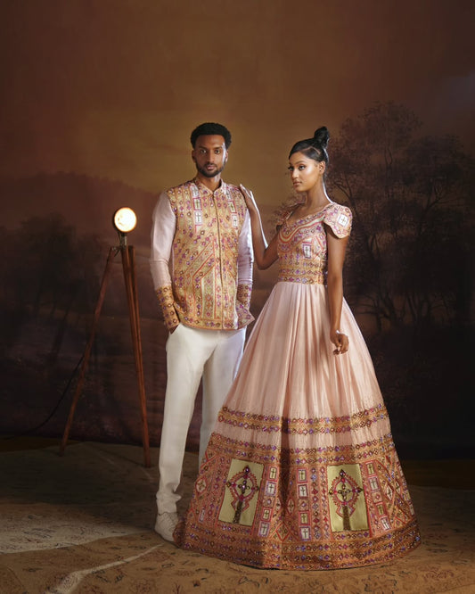 Royal Ethiopian Couple Set | New Golden Embroidered Habesha Attire