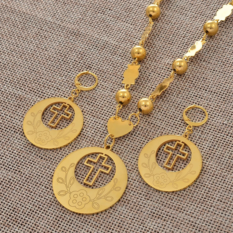 Flower Cross Ethiopian Jewelry Set | Beads Pendant Necklace & Earrings