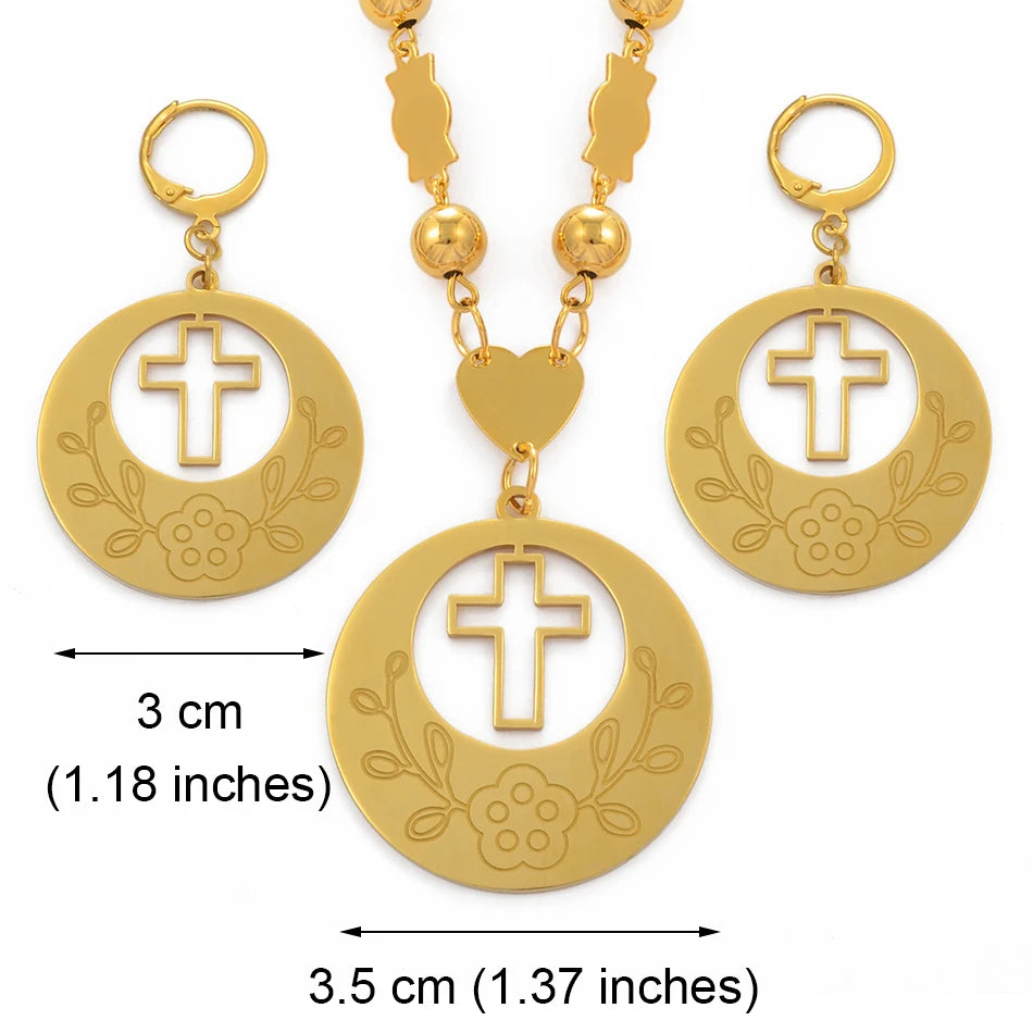 Flower Cross Ethiopian Jewelry Set | Beads Pendant Necklace & Earrings