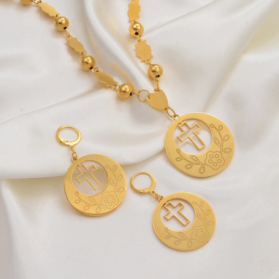 Flower Cross Ethiopian Jewelry Set | Beads Pendant Necklace & Earrings