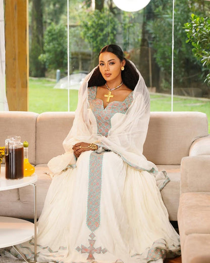 Habesha Kemis, Ethiopian Wedding Cultural Celebration Dress, with Tibeb Embroidery, Women’s Traditional Outfit