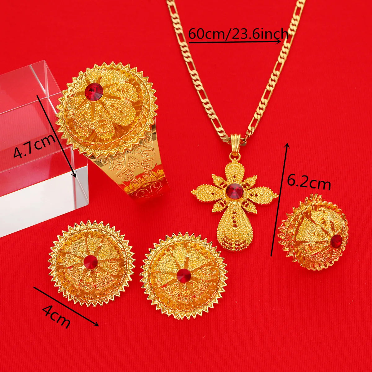 Gold Color Ethiopian Jewelry Set | Red, Blue & Green Stones