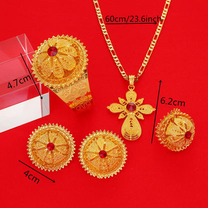 Gold Color Ethiopian Jewelry Set | Red, Blue & Green Stones