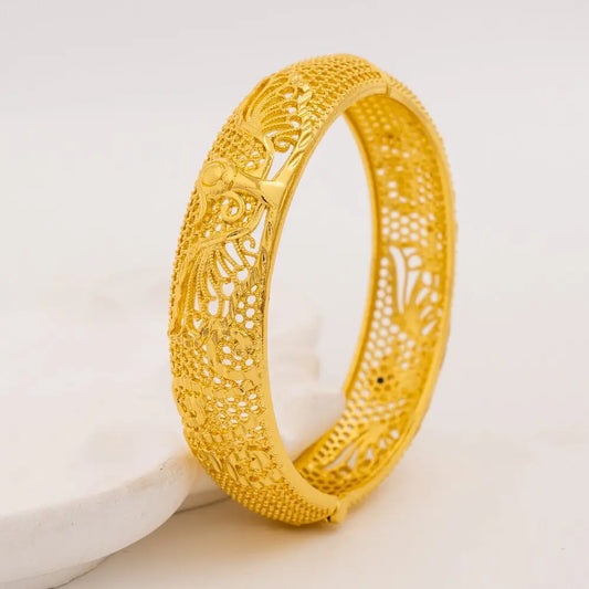 Yellow Gold Bangle Bracelet | Trendy Wide Statement Ethiopian Jewelry