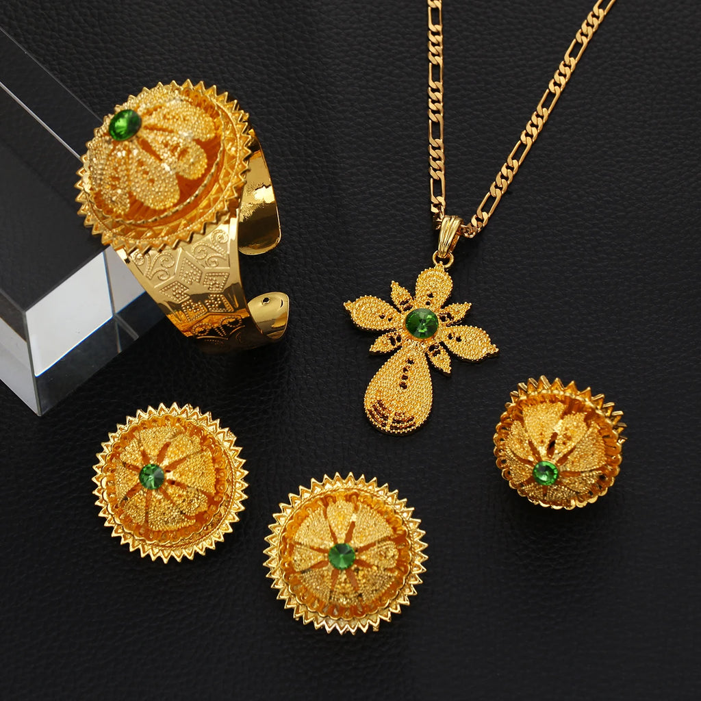 Gold Color Ethiopian Jewelry Set | Red, Blue & Green Stones