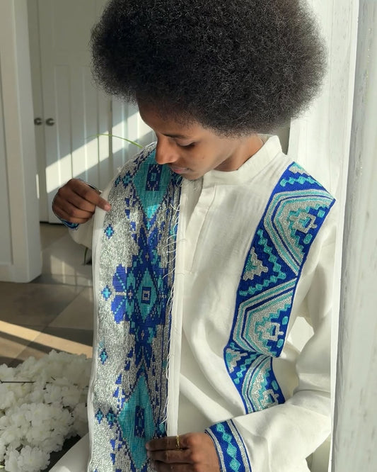 Blue Habesha Men’s Shirt | Modern Ethiopian Traditional Wear