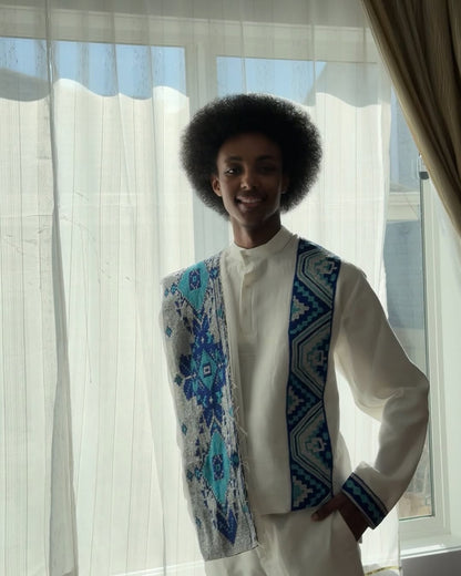 Blue Habesha Men’s Shirt | Modern Ethiopian Traditional Wear