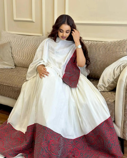 Burgundy Modern Zuria Habesha Kemis | Elegant Ethiopian Dress