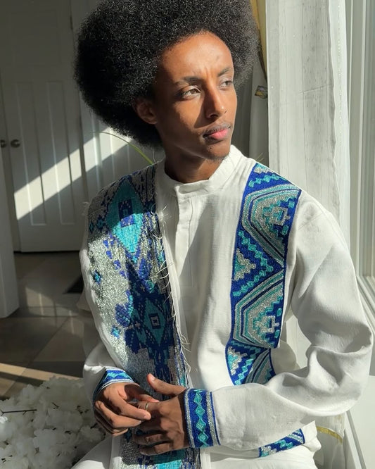 Blue Habesha Men’s Shirt | Modern Ethiopian Traditional Wear