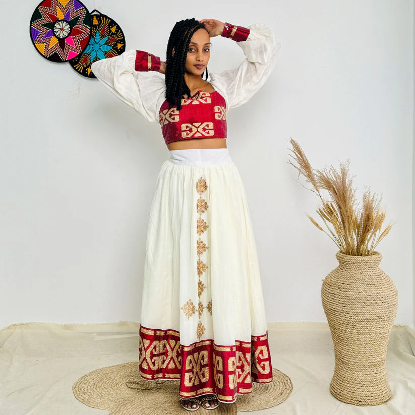 Red Crop Top & Skirt Habesha Dress | Bold Modern Ethiopian Kemis