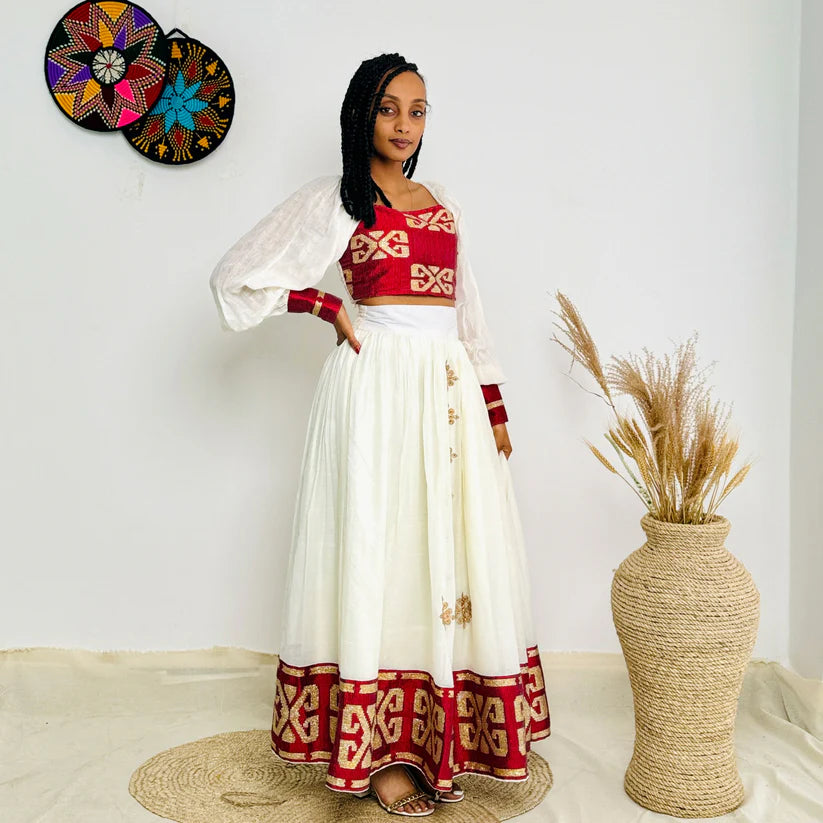 Red Crop Top & Skirt Habesha Dress | Bold Modern Ethiopian Kemis