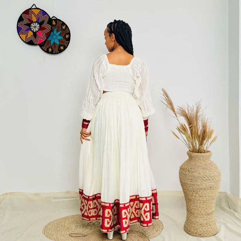 Red Crop Top & Skirt Habesha Dress | Bold Modern Ethiopian Kemis