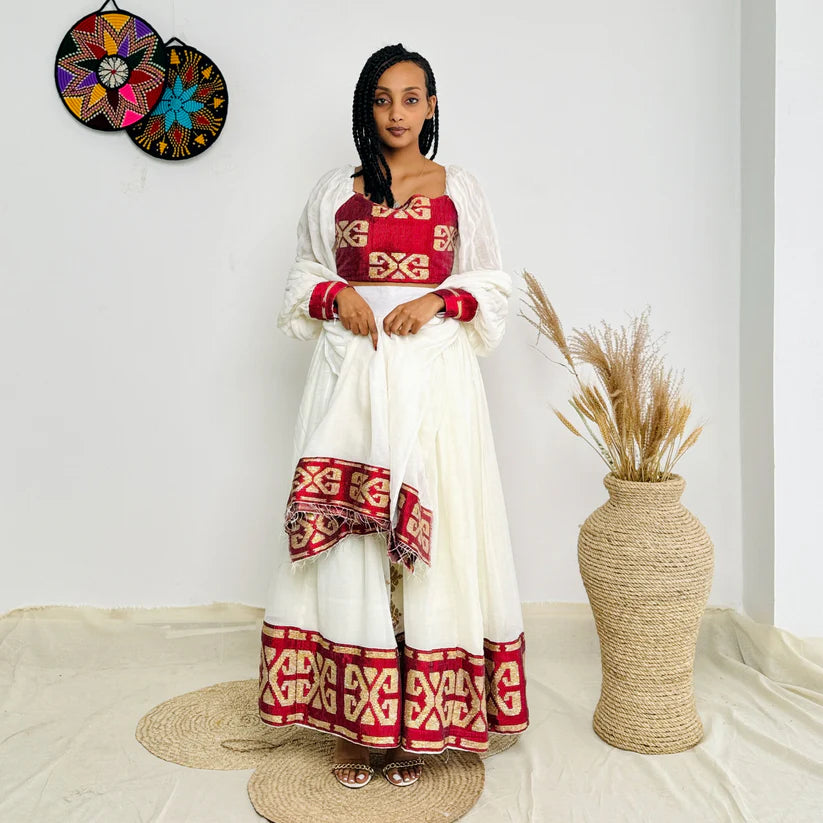Red Crop Top & Skirt Habesha Dress | Bold Modern Ethiopian Kemis