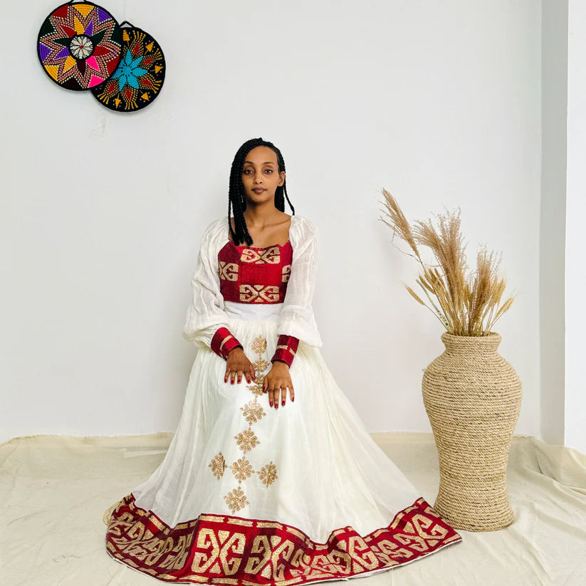 Red Crop Top & Skirt Habesha Dress | Bold Modern Ethiopian Kemis