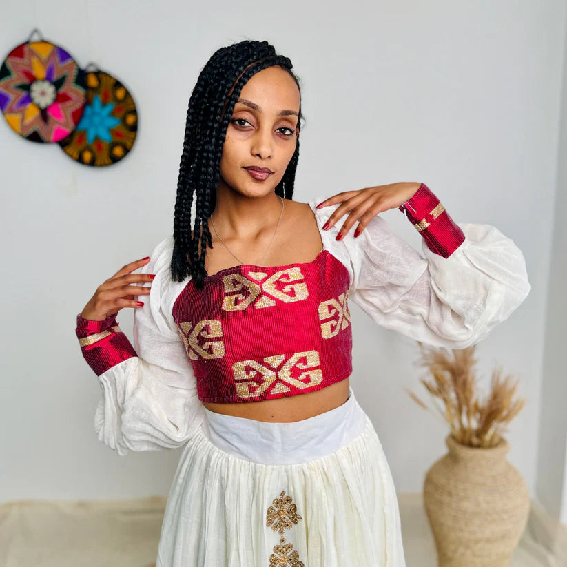 Red Crop Top & Skirt Habesha Dress | Bold Modern Ethiopian Kemis