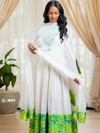 Green & Blue Zuria Habesha Kemis | Modern Ethiopian Traditional Dress