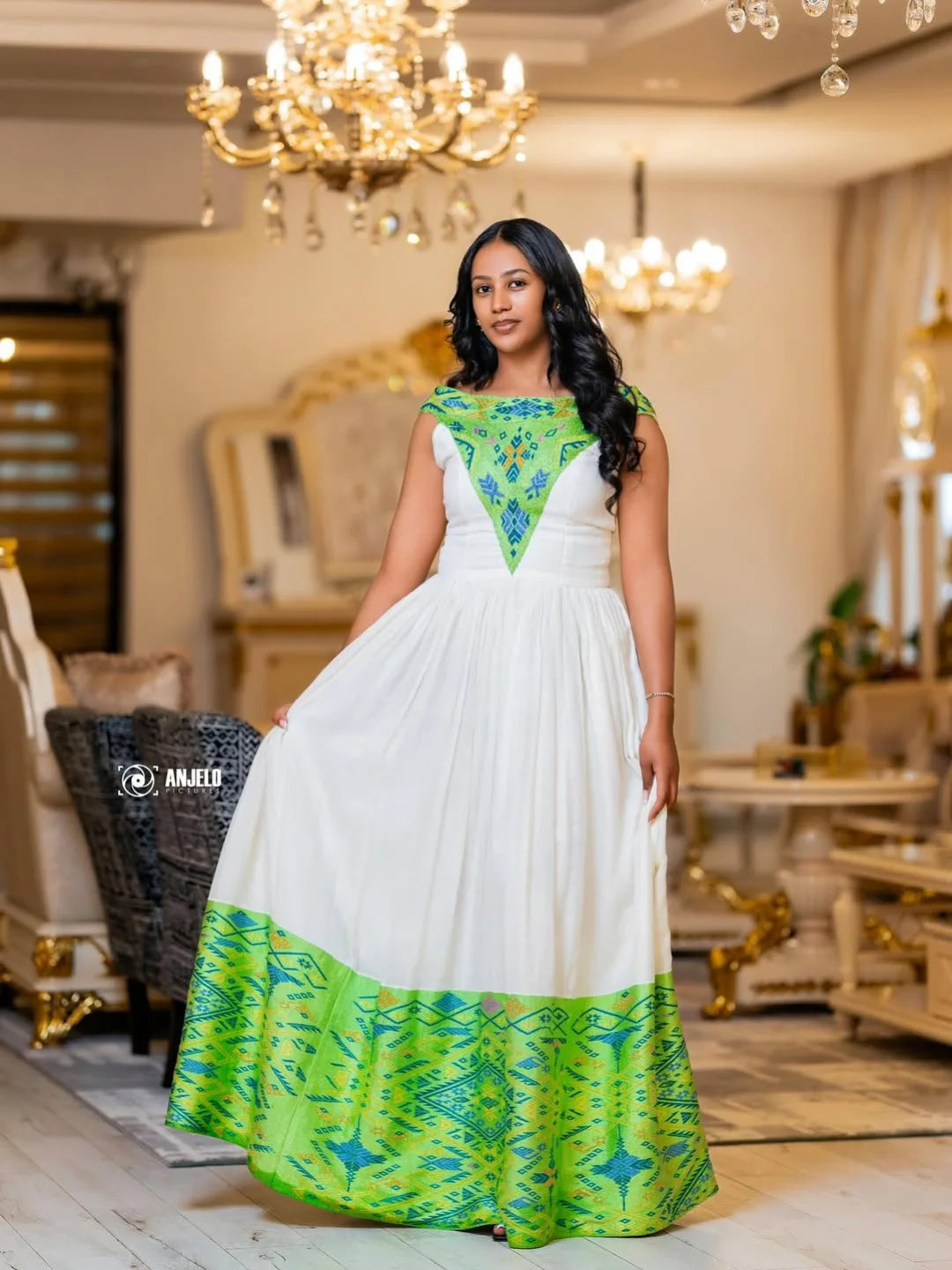 Green & Blue Zuria Habesha Kemis | Modern Ethiopian Traditional Dress