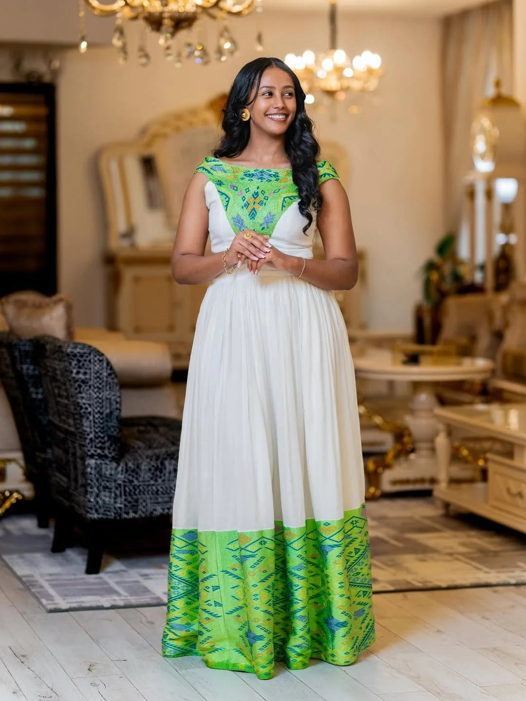 Green & Blue Zuria Habesha Kemis | Modern Ethiopian Traditional Dress