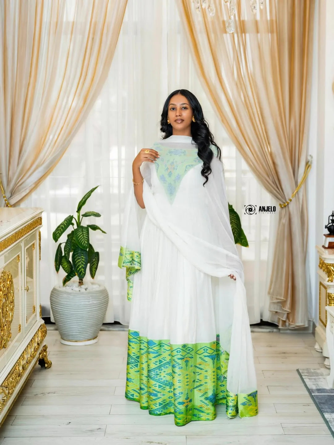 Green & Blue Zuria Habesha Kemis | Modern Ethiopian Traditional Dress