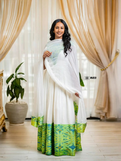Green & Blue Zuria Habesha Kemis | Modern Ethiopian Traditional Dress