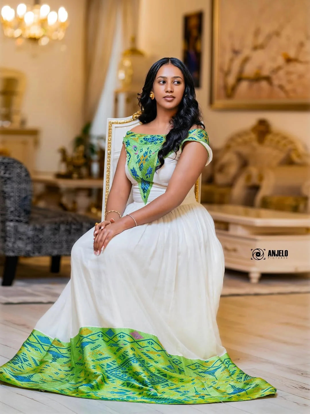 Green & Blue Zuria Habesha Kemis | Modern Ethiopian Traditional Dress