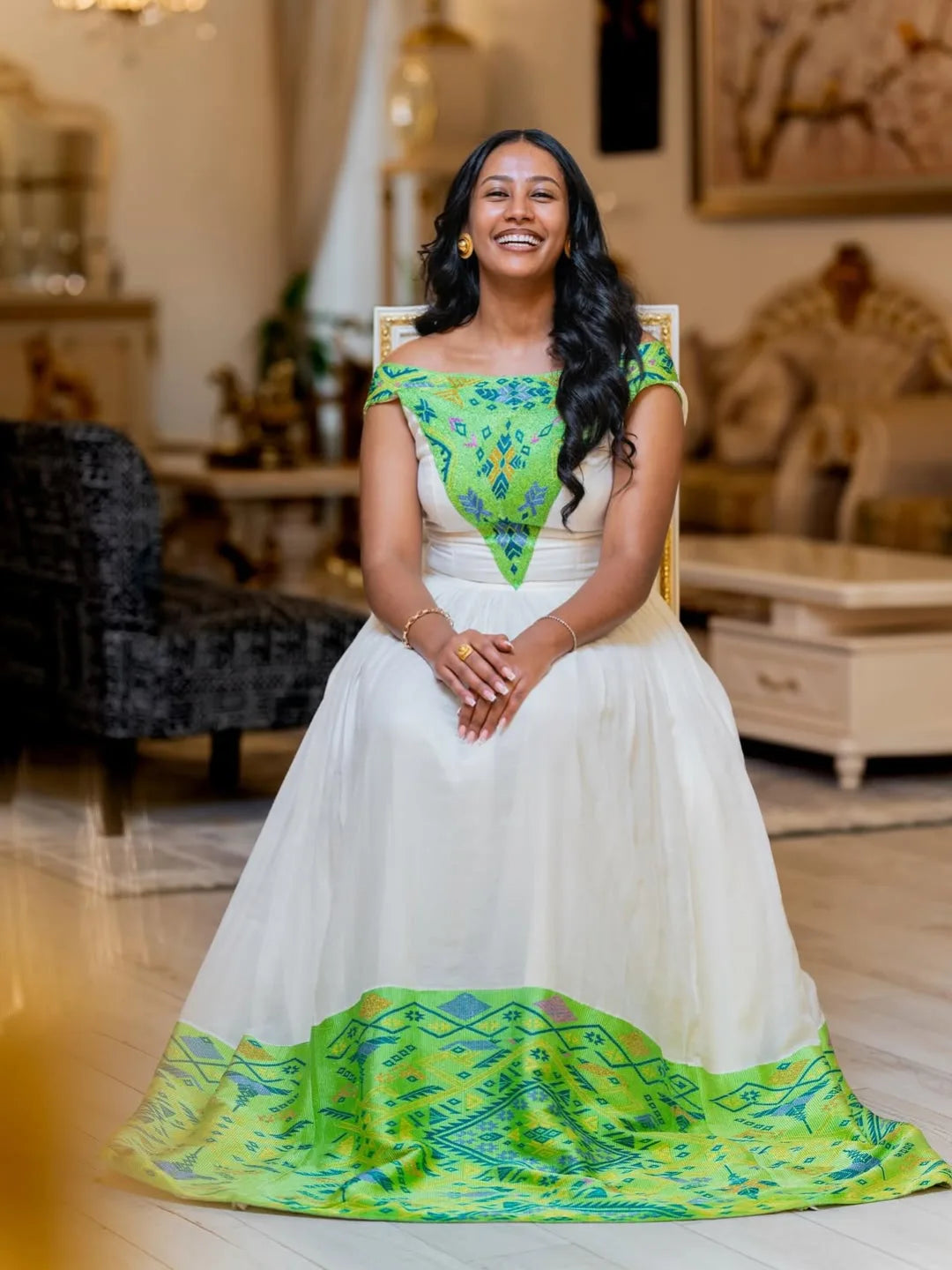 Green & Blue Zuria Habesha Kemis | Modern Ethiopian Traditional Dress