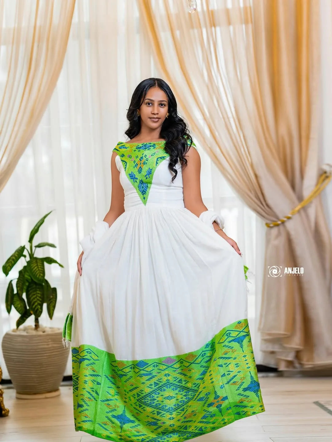 Green & Blue Zuria Habesha Kemis | Modern Ethiopian Traditional Dress