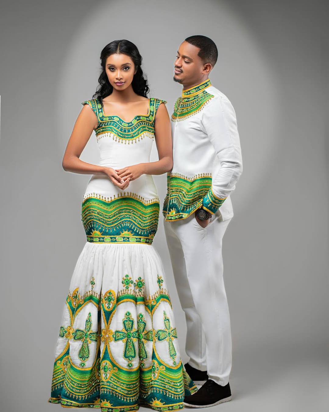 Green & Gold Habesha Couple Outfit New Matching Ethiopian Attire ethgebya gebeya