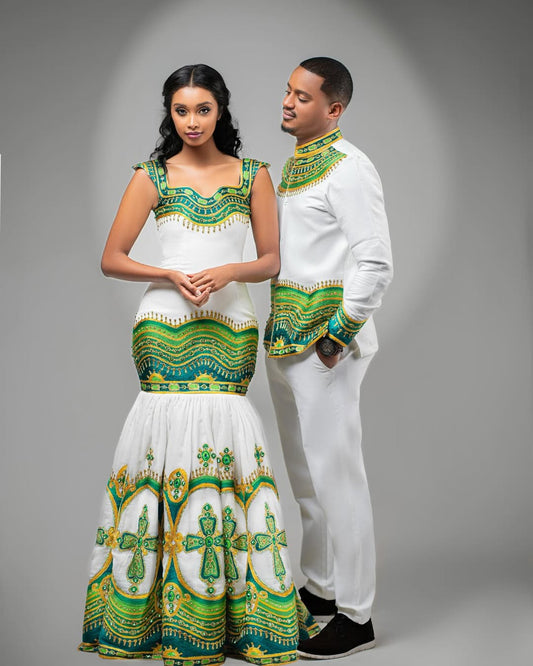 Green & Gold Habesha Couple Outfit New Matching Ethiopian Attire ethgebya gebeya