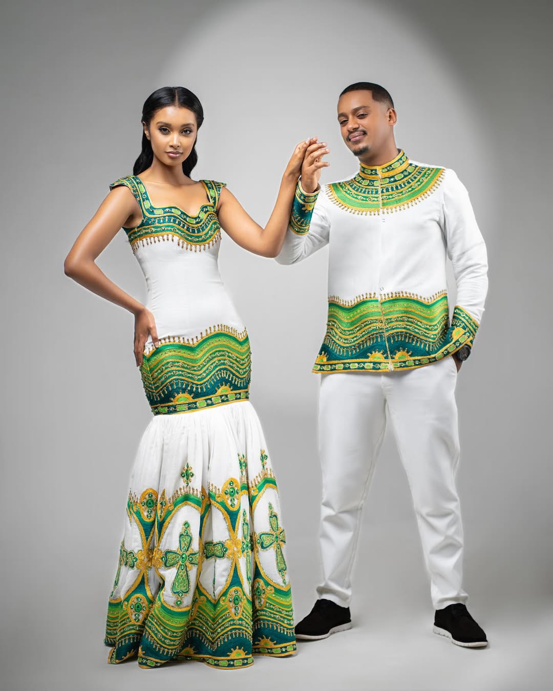 Green & Gold Habesha Couple Outfit New Matching Ethiopian Attire ethgebya gebeya