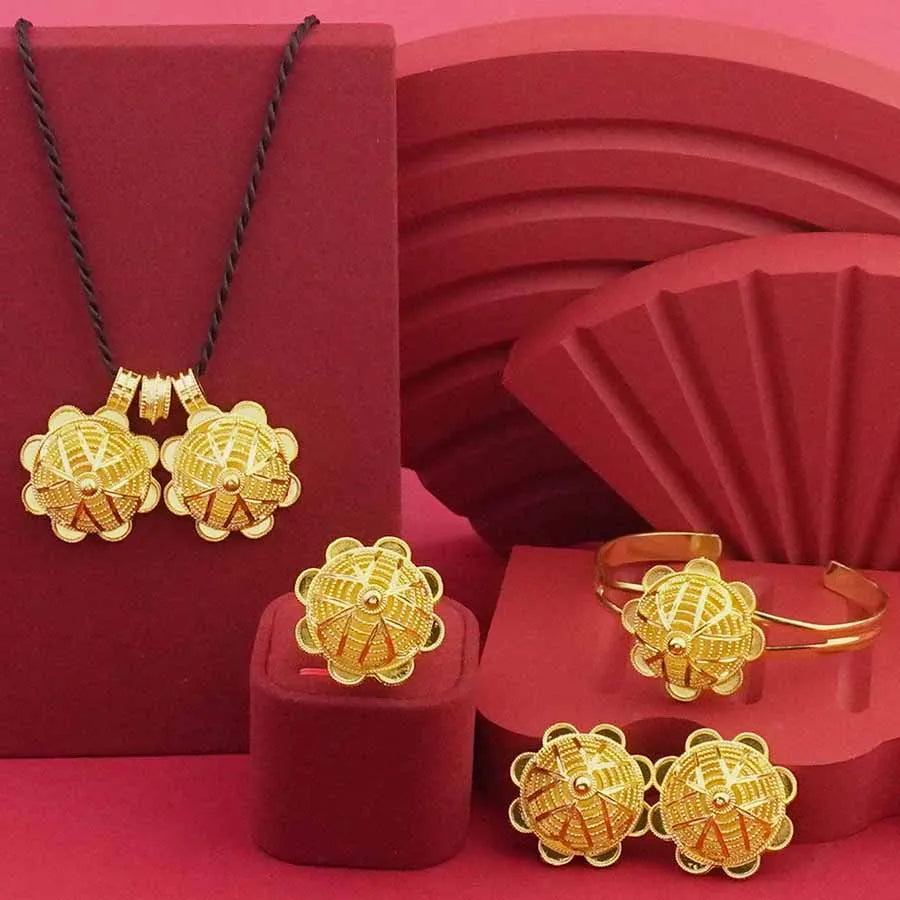 24K Gold-Plated Ethiopian Jewelry Set | Habesha Wedding Flower Design