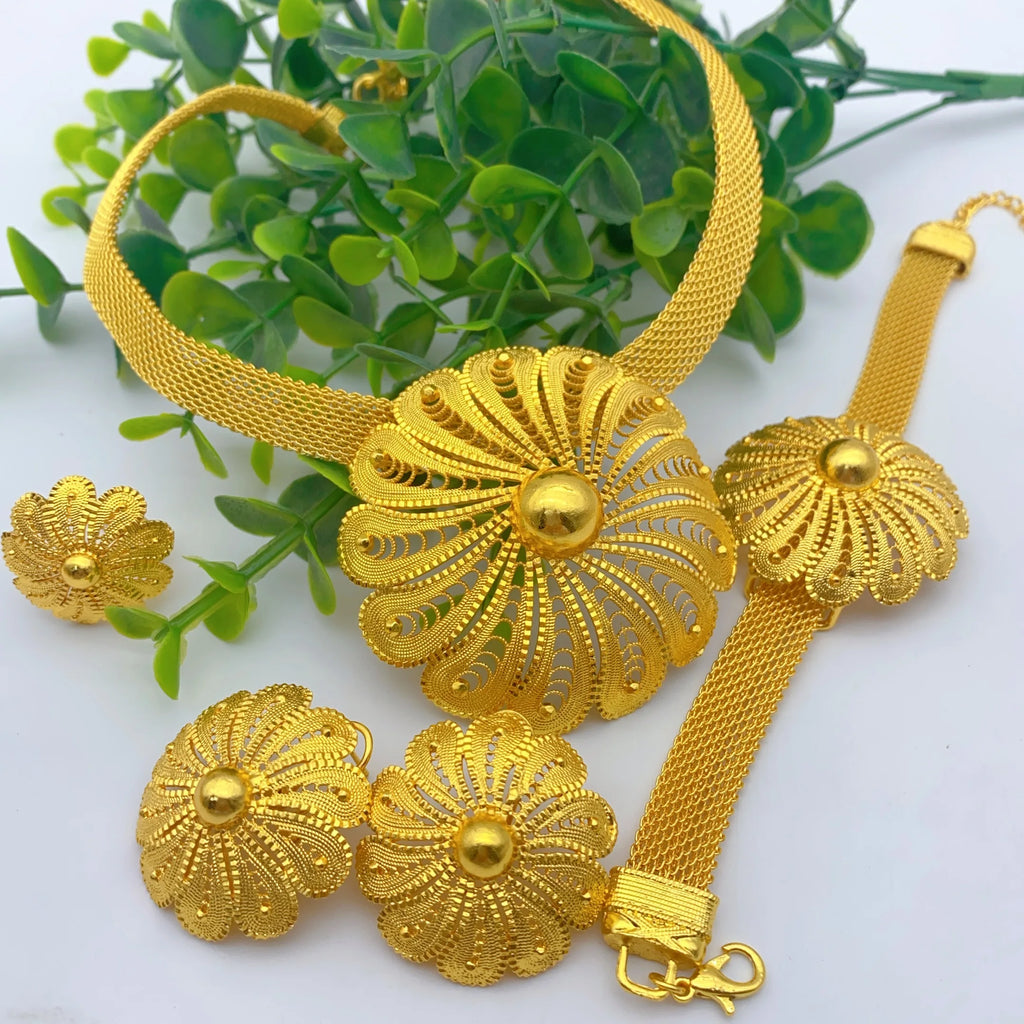 Luxury Ethiopian Round Necklace & Earrings Set | 24K Gold Bridal Jewelry