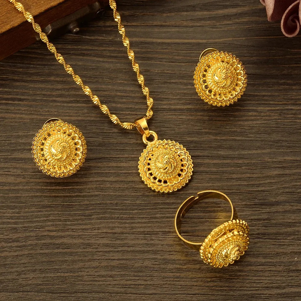 Gold Color Ethiopian & Eritrean Jewelry Set | Necklace, Ring, Pendant