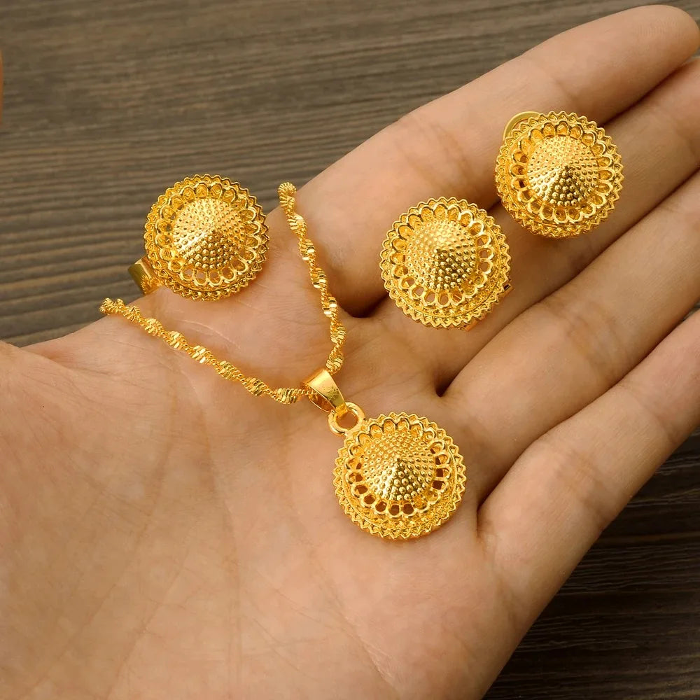 Gold Color Ethiopian & Eritrean Jewelry Set | Necklace, Ring, Pendant