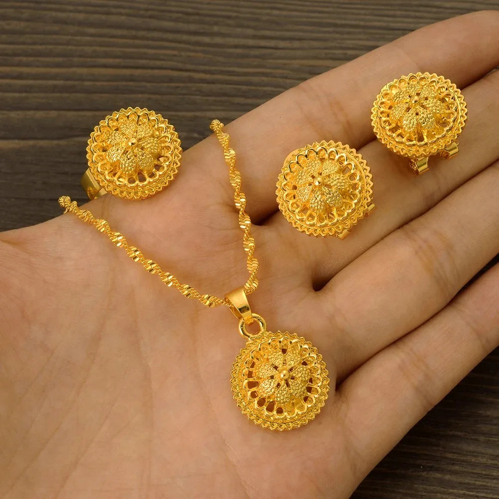 Gold Color Ethiopian & Eritrean Jewelry Set | Necklace, Ring, Pendant