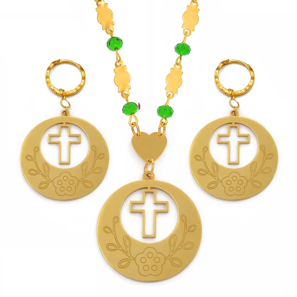Flower Cross Ethiopian Jewelry Set | Beads Pendant Necklace & Earrings