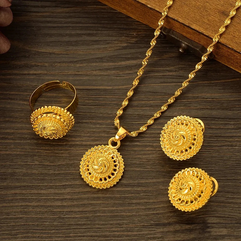 Gold Color Ethiopian & Eritrean Jewelry Set | Necklace, Ring, Pendant