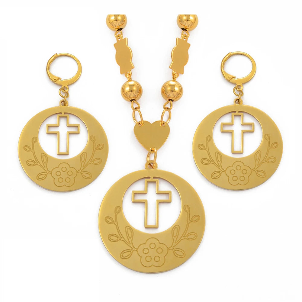 Flower Cross Ethiopian Jewelry Set | Beads Pendant Necklace & Earrings