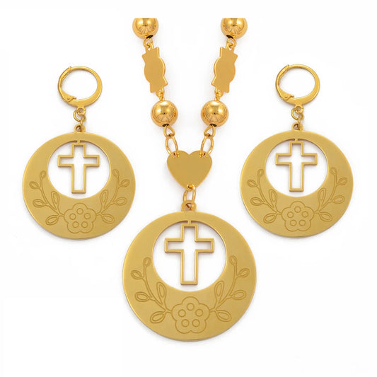 Flower Cross Ethiopian Jewelry Set | Beads Pendant Necklace & Earrings