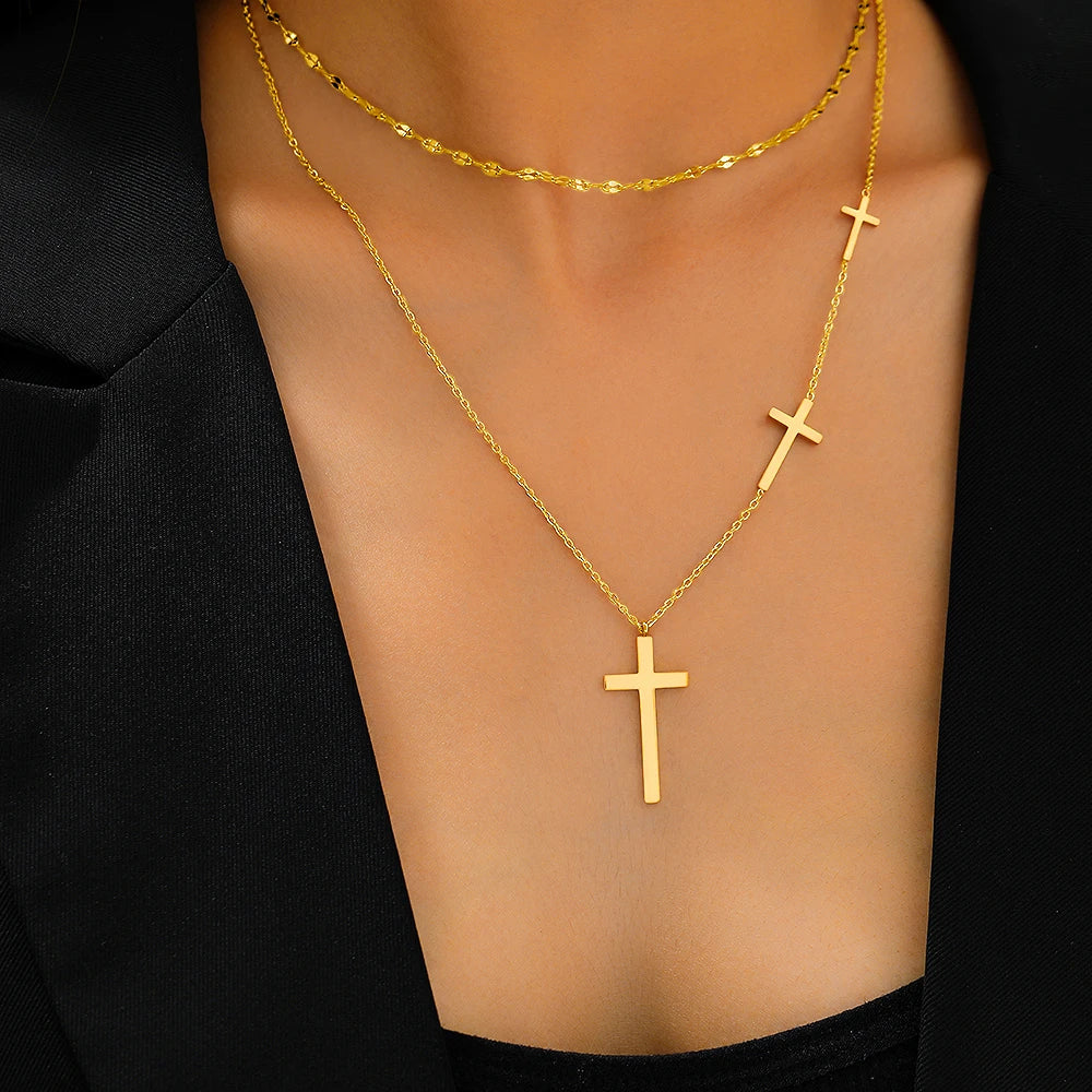Elegant Stainless Steel Cross Necklace | Layered Luxury Habesha Jewelry
