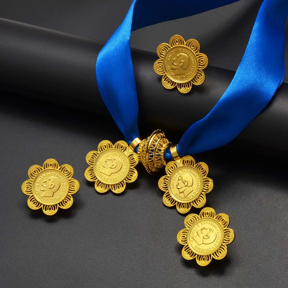 Ethiopian Eritrean Coin Jewelry Set | Necklace Earrings Rings for Women